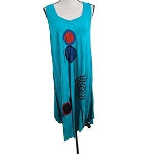 Junglee Billee Midi Dress Womens Free Size Teal Abstract Beach Resort  Lagenlook